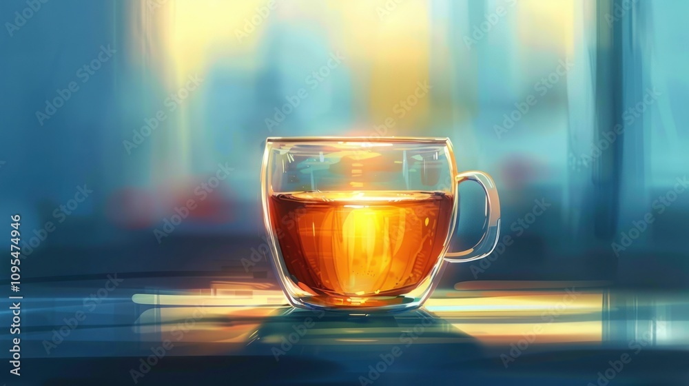 Warm tea in a glass cup on a table by window. Warm tea in a glass cup on a table by window.