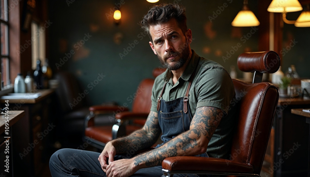 A classic barber leaning against a barber chair A classic barber leaning against a barber chair