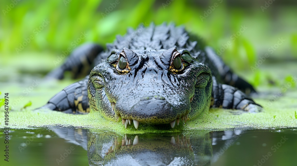 Fototapeta premium A crocodile slowly emerging from a swampy body of water