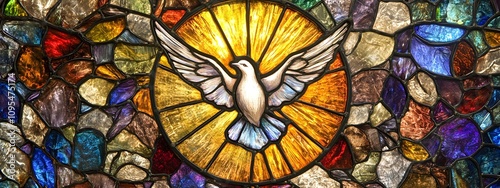 A stained glass window with a white dove in the center, a golden background, and light emanating from the circle around it