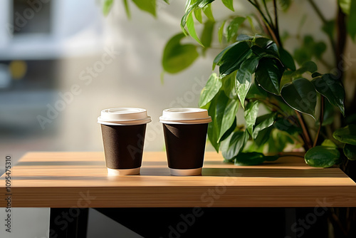 Takeout coffee cups placed on a wooden table next to a green indoor plant