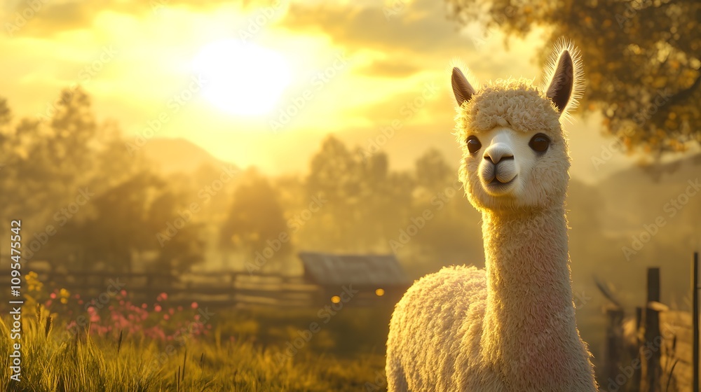 Fototapeta premium A cuddly alpaca standing in the morning sun