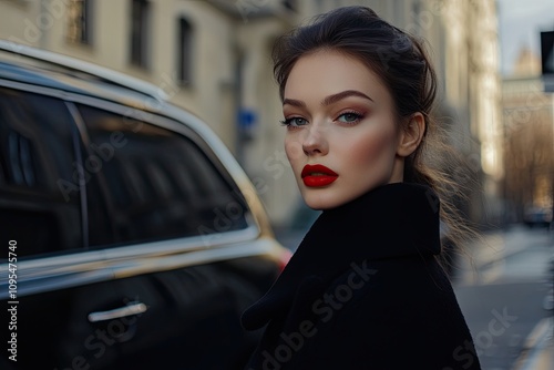 Seductive model with red lipstick posing on the street near a car. 