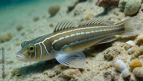 Sea fish Knout goby (Mesogobius batrachocephalus) lies on the bottom covered with seashells photo