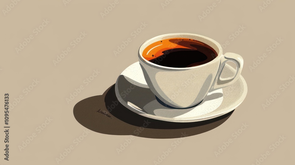 Single cup of coffee on saucer, minimalist style. Single cup of coffee on saucer, minimalist style.