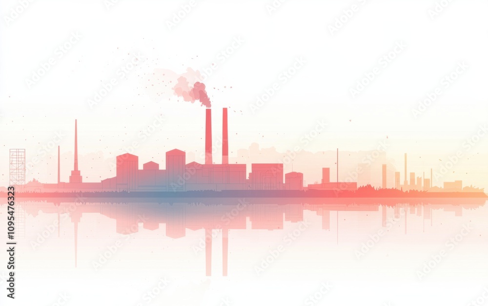 Naklejka premium Flat illustration of an industrial factory with smokestacks at sunset