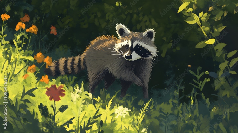Obraz premium A curious raccoon strutting around in a garden