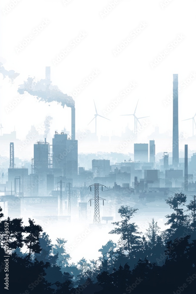 Obraz premium Industrial skyline with smokestacks and wind turbines in silhouette