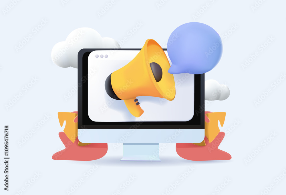 Digital marketing and promotion illustration in 3D style. Megaphone, advertising and planning marketing strategy to achieve business goals. Business concept. 3D Vector illustration