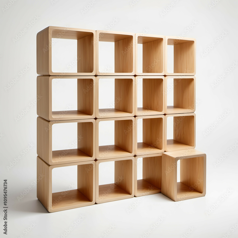 A stackable shelving unit made of light wood cubes, set against a white background for clarity. A stackable shelving unit made of light wood cubes, set against a white background for clarity.