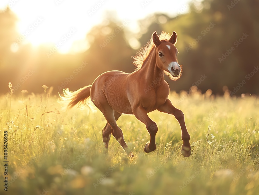 Obraz premium A cute foal galloping on a sunny meadow
