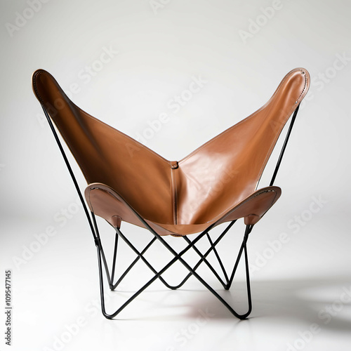 A classic butterfly chair with a tan leather seat and black metal frame, set against a clean white backdrop. photo