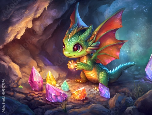 A cute little baby dragon playing with colorful crystal