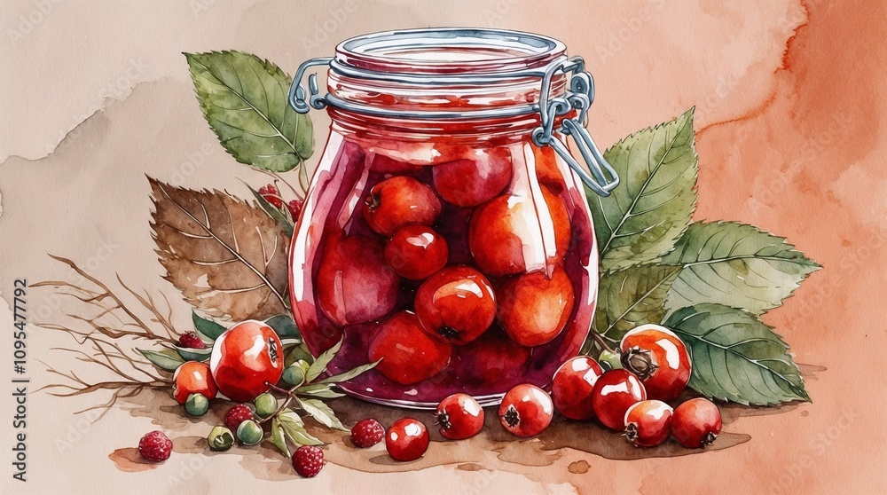 Watercolor rosehip preserves in glass jar with leaves Watercolor rosehip preserves in glass jar with leaves