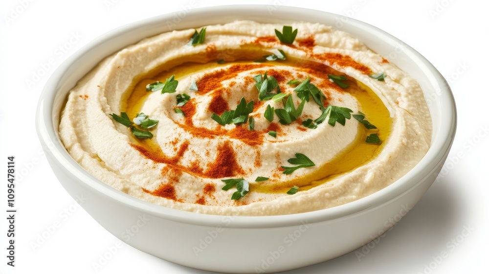 A bowl of creamy hummus garnished with olive oil, paprika, and a sprinkle of parsley A bowl of creamy hummus garnished with olive oil, paprika, and a sprinkle of parsley