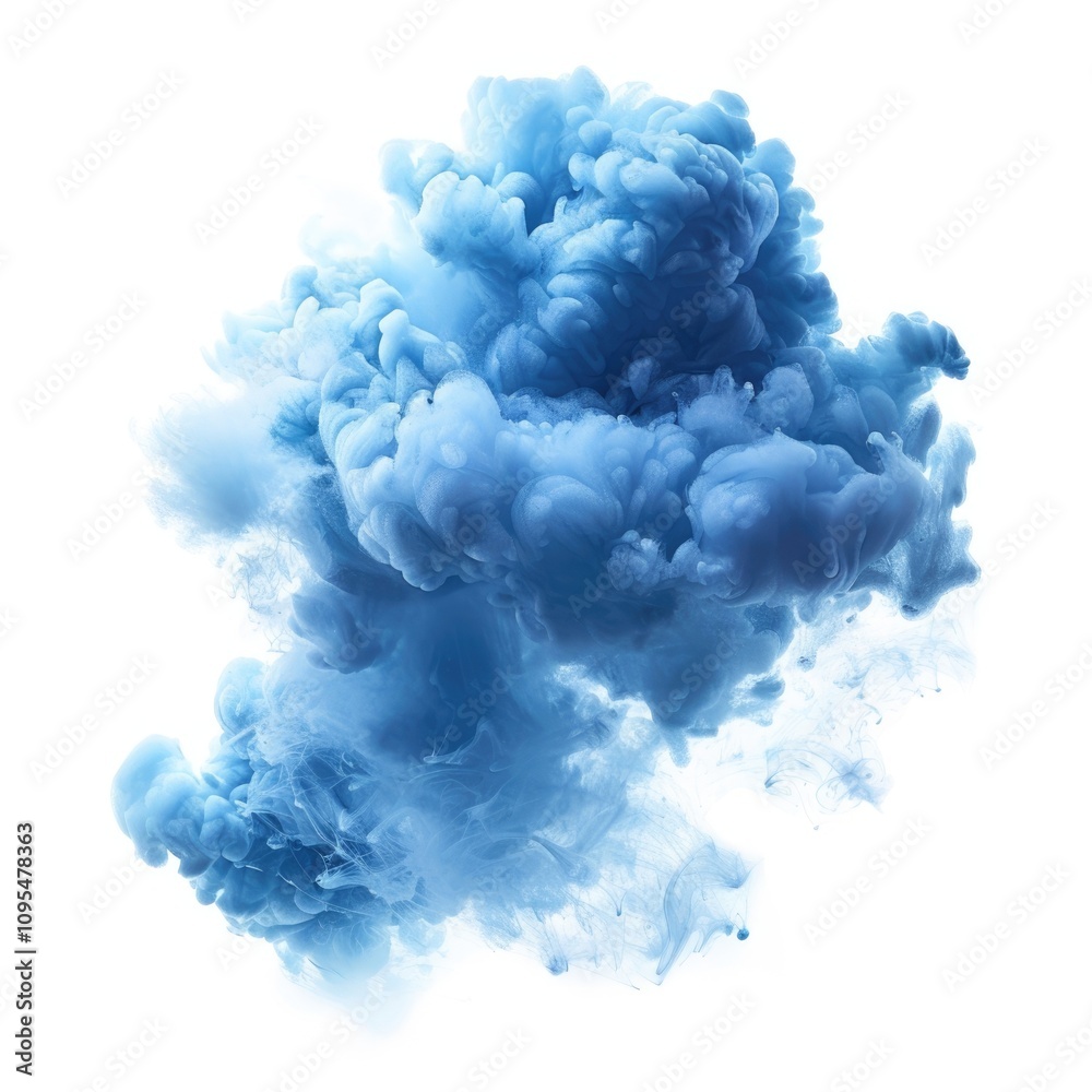 Fototapeta premium Single blue cloud isolated on white background and texture. Ink spot or cigarette smoke cloud, Rorschach test. Brush cloud black background.