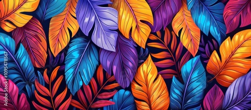 Vibrant tropical leaves in bold colors.