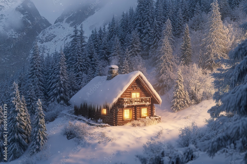 A cozy mountain cabin surrounded by snow-covered pine trees, with warm light glowing from inside, creating a perfect winter retreat. A cozy mountain cabin surrounded by snow-covered pine trees, with warm light glowing from inside, creating a perfect winter retreat.