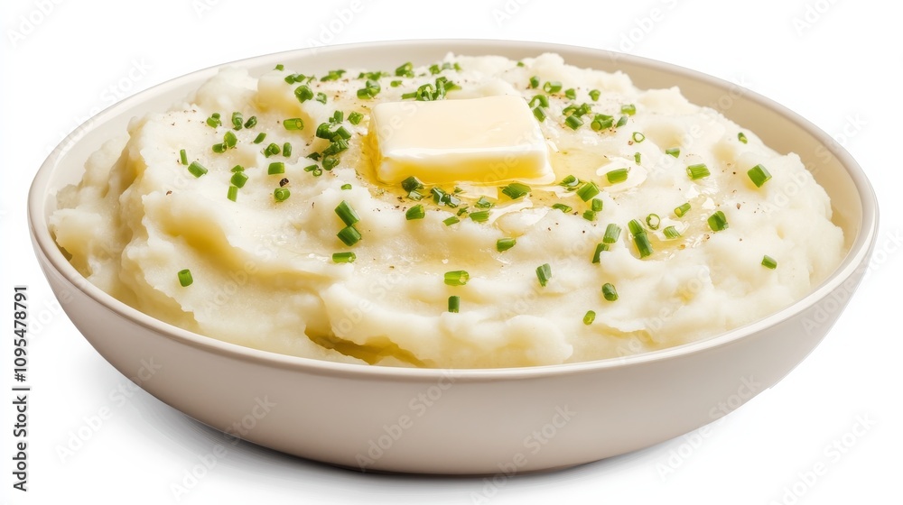 A bowl of creamy mashed potatoes topped with a pat of melting butter and a sprinkle of chives, Each spoonful offering a smooth and rich texture, A comforting side dish that's perfect for any meal A bowl of creamy mashed potatoes topped with a pat of melting butter and a sprinkle of chives, Each spoonful offering a smooth and rich texture, A comforting side dish that's perfect for any meal