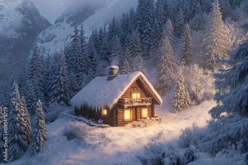 A cozy mountain cabin surrounded by snow-covered pine trees, with warm light glowing from inside, creating a perfect winter retreat.