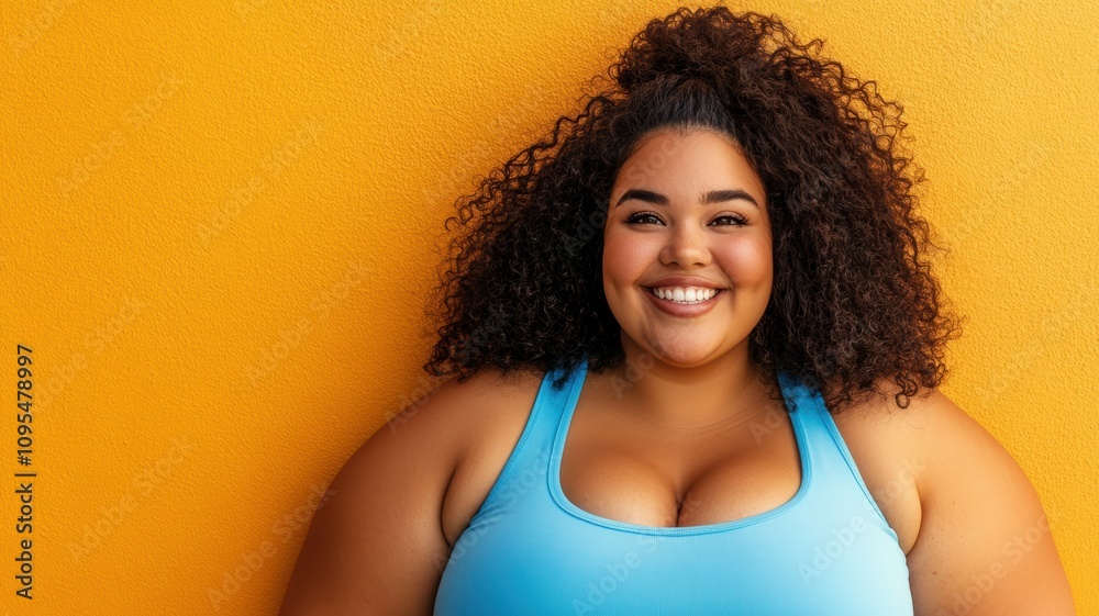 Happy woman with curly hair wearing a blue tank top, standing against a vibrant orange background, radiating positivity and energy. Happy woman with curly hair wearing a blue tank top, standing against a vibrant orange background, radiating positivity and energy.