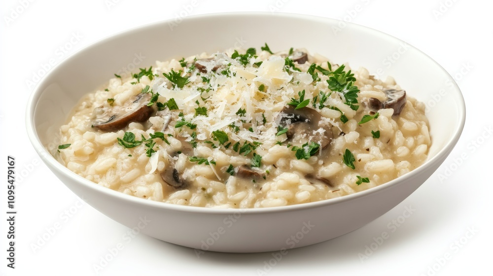 A bowl of creamy mushroom risotto garnished with freshly grated parmesan cheese and chopped parsley, Each grain of rice cooked to perfection A bowl of creamy mushroom risotto garnished with freshly grated parmesan cheese and chopped parsley, Each grain of rice cooked to perfection