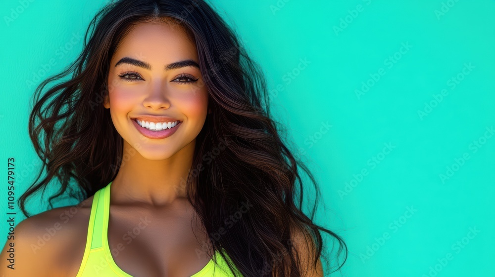 Portrait of a cheerful woman with flowing hair and a radiant smile, wearing neon yellow sportswear against a vibrant teal background. Portrait of a cheerful woman with flowing hair and a radiant smile, wearing neon yellow sportswear against a vibrant teal background.