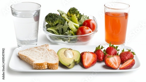 Healthy Isolated Food Set on White Background Including Fresh Fruits, Vegetables, Bread, Water, and Juice for Nutritional Lifestyle Representation