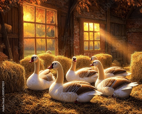 A cozy depiction of six geese a-laying in a peaceful barn, surrounded by hay bales and soft straw, with warm sunlight streaming through the windows.