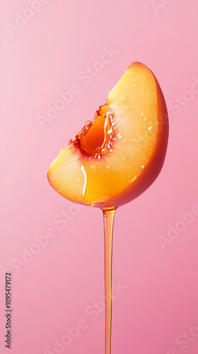 Obraz na płótnie Delicate Peach Slice Dripping With Golden Honey Against a Soft Pink Backdrop Evokes Minimalist Beauty and Sweetness w salonie