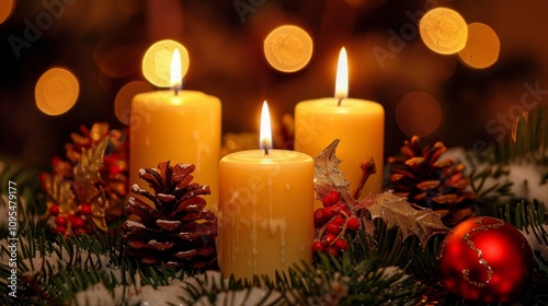 Elegant christmas table setting with religious ornaments, candles, and pine needle decor