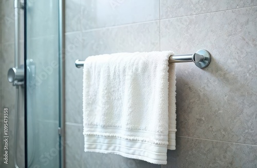 White fresh comfortable cotton towel on a metal hanger or rack hanging in bathroom near shoer cabin. Hygiene concept photo