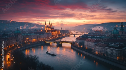 A picturesque view of Prague at sunset, showcasing the river and historic architecture.