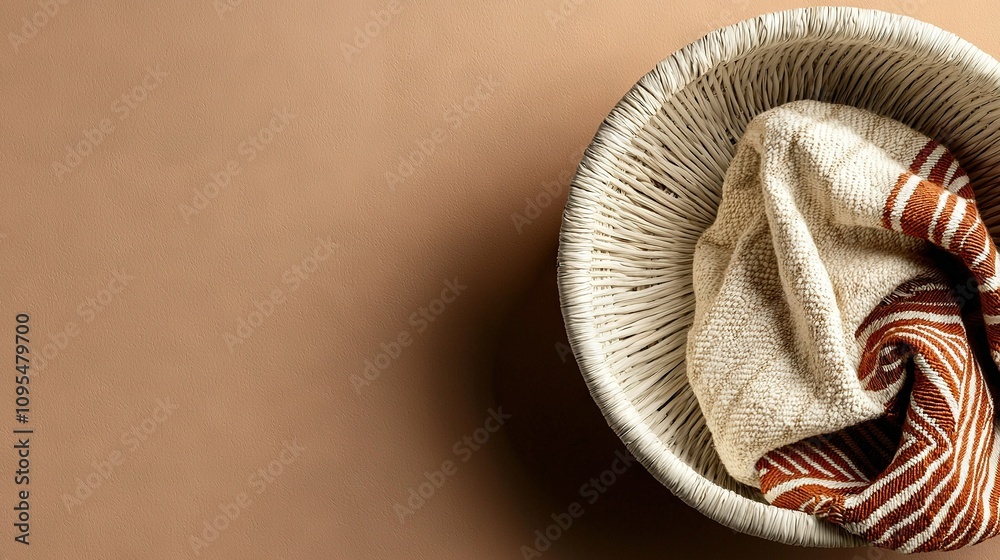 A white basket with a red-white striped cloth on a brown background next to a tan wall A white basket with a red-white striped cloth on a brown background next to a tan wall