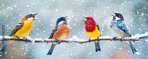 A charming scene of four calling birds singing on a snowy branch, their vibrant plumage contrasting beautifully with the white snowflakes falling around them.