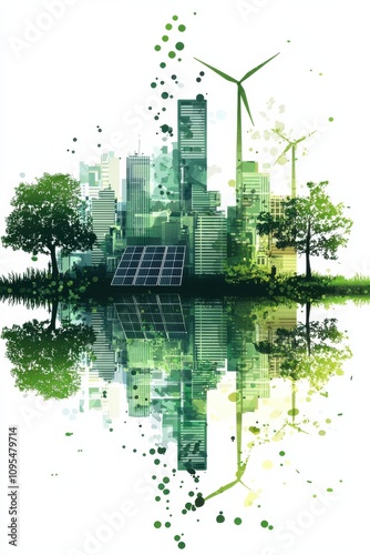 Eco-friendly cityscape with renewable energy elements and greenery