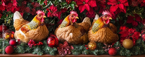 A charming display of three French hens nestled among colorful flowers and festive decorations, creating a joyful holiday atmosphere.