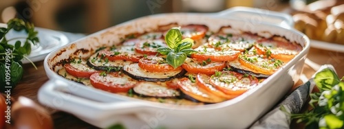 Savory summer vegetable tian with zucchini, eggplant, and tomatoes in a bright kitchen setting