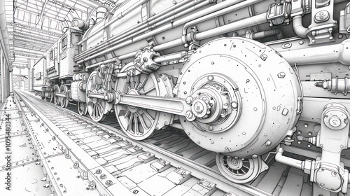 Detailed close-up of vintage steam locomotive wheels and mechanics in a railway shed.