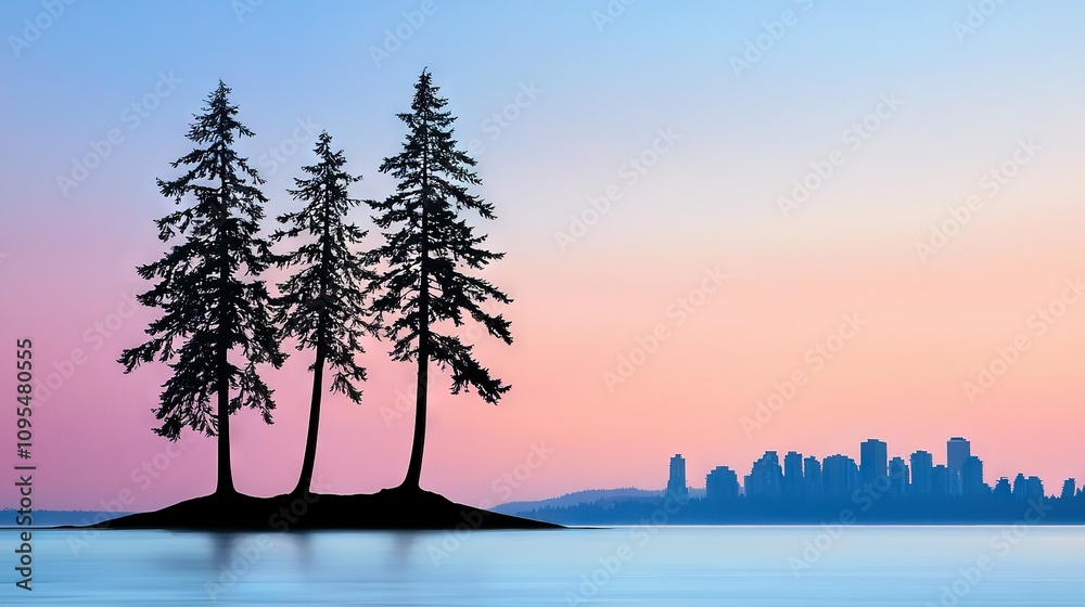 Fototapeta premium A pair of trees perched atop an island in a lake amidst a metropolis backdrop