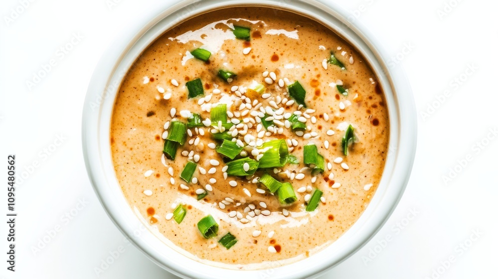 A bowl of creamy sesame ginger dressing garnished with sesame seeds and green onions, Each spoonful flavorful and aromatic A bowl of creamy sesame ginger dressing garnished with sesame seeds and green onions, Each spoonful flavorful and aromatic