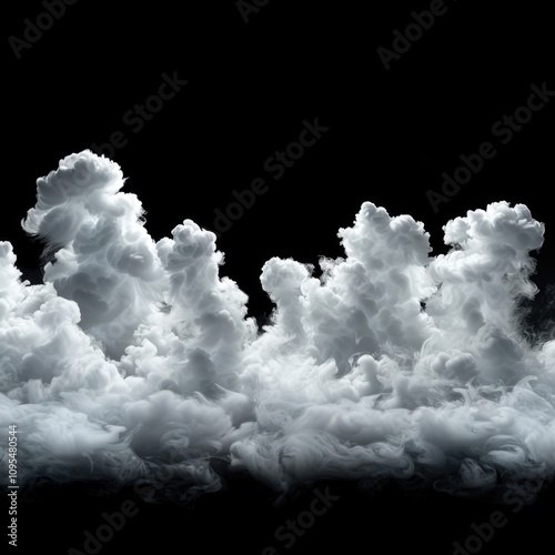 White Clouds Sky on Black background, Isolated abstract soft group of fluffy Smoke, Steam, Fog or Haze,Wide horizontal illustration of nature elements for landscape design
