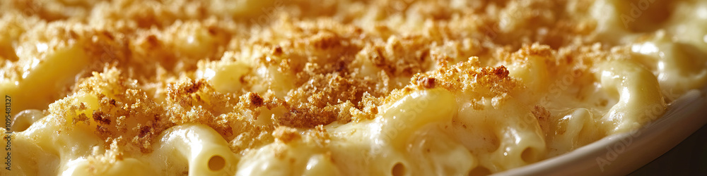 A heaping helping of macaroni and cheese, oozing cheesy goodness, and a crispy garlic bread crumb topping. A heaping helping of macaroni and cheese, oozing cheesy goodness, and a crispy garlic bread crumb topping.