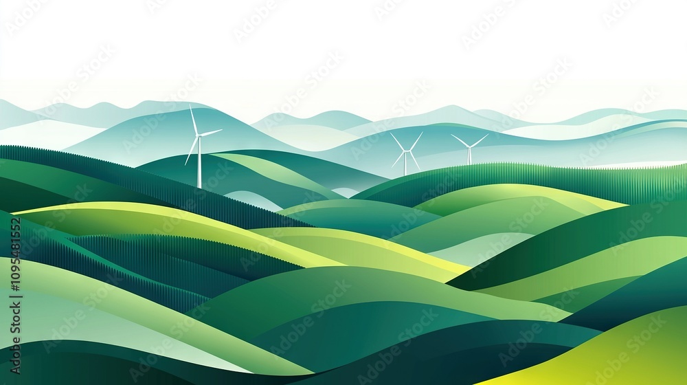 Green hills and distant windmills painted on white sky background, with blue sky in the foreground Green hills and distant windmills painted on white sky background, with blue sky in the foreground