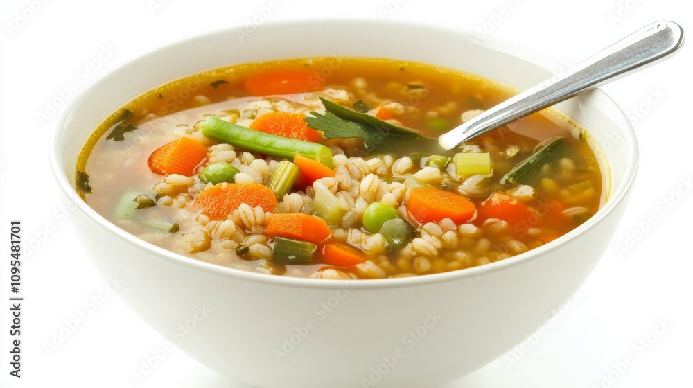 A bowl of hearty barley vegetable soup with carrots, celery, and green beans A bowl of hearty barley vegetable soup with carrots, celery, and green beans