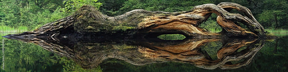A dead tree trunk lies horizontal on the ground, its twisted branches mirrored in the still water of a nearby pond. A lush forest surrounds the scene. A dead tree trunk lies horizontal on the ground, its twisted branches mirrored in the still water of a nearby pond. A lush forest surrounds the scene.