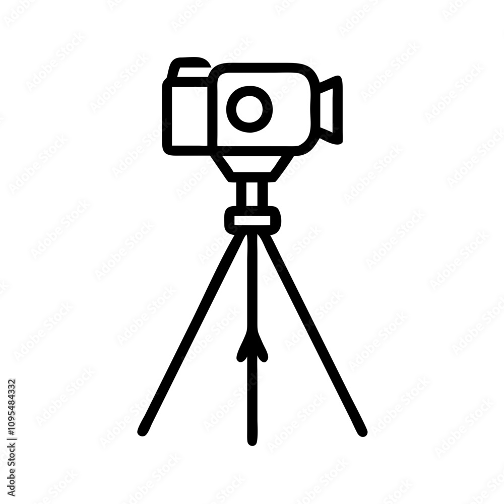 Camera on tripod icon in black outline style