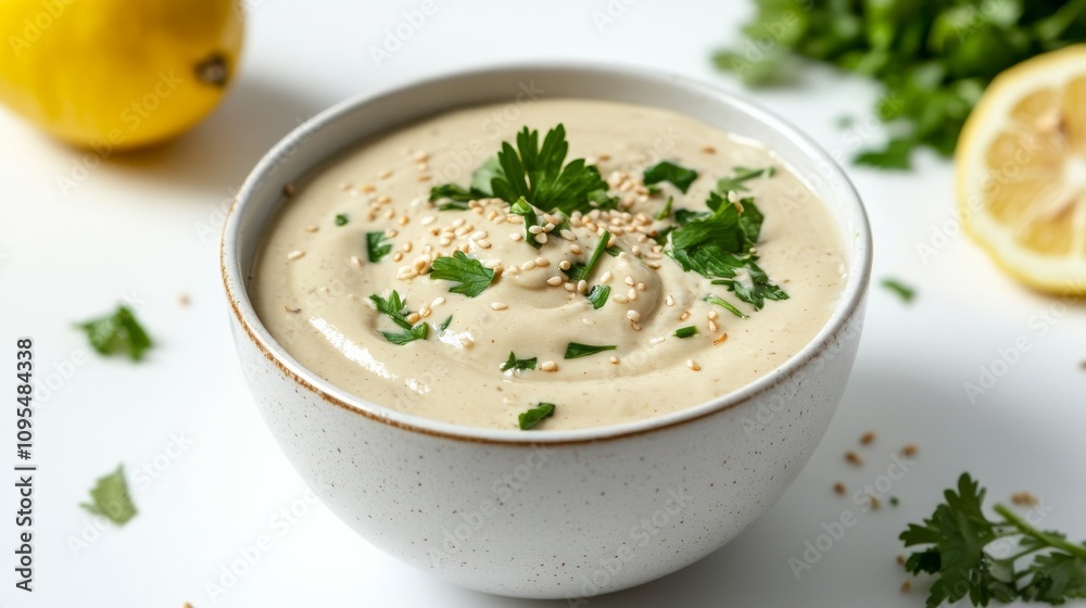 A bowl of tangy lemon tahini dressing garnished with sesame seeds and fresh parsley, Each spoonful flavorful and versatile