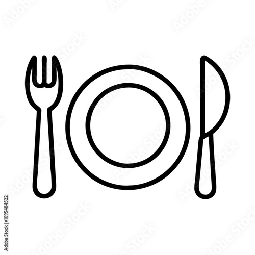 Dining plate and cutlery icon in line art