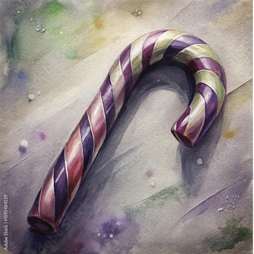 Festive purple and teal striped candy cane with artistic snowy background